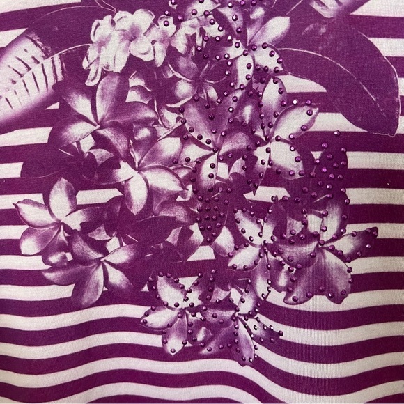 2/$30 Lane Bryant Purple Striped Floral Beaded Cold Shoulder Short Sleeve Top - Picture 4 of 11